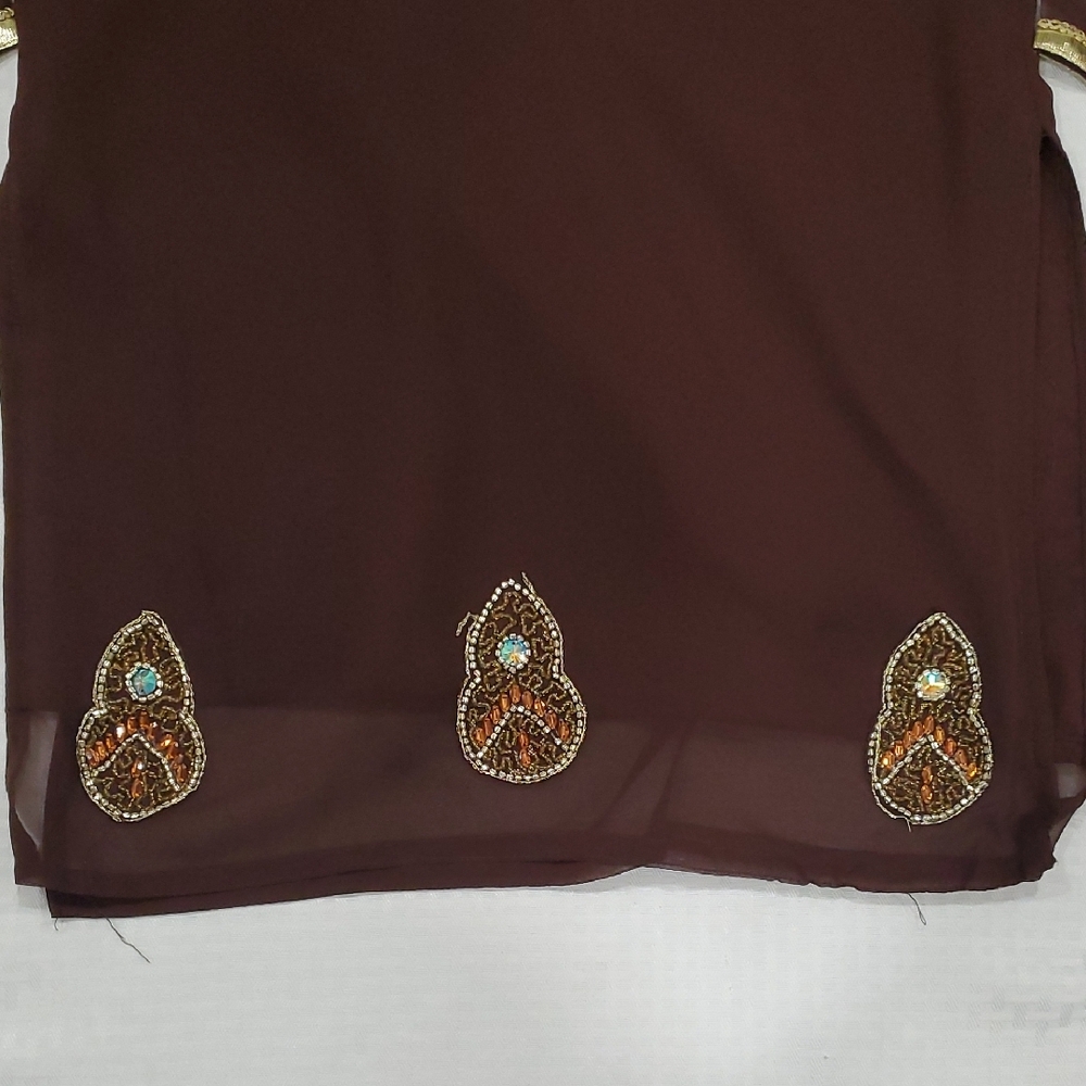 Brown Indian  Embellished V-Neck Tunic with Gold Beading Top - Picture 11 of 17